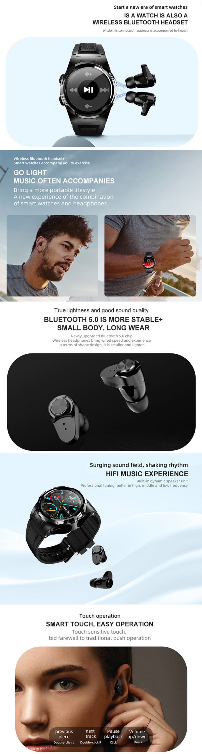Fitness Android IOS Wristband Waterproof 2 In 1 Smartwatch S201 Smart Watch With Blue tooth Earphones Earbuds-02