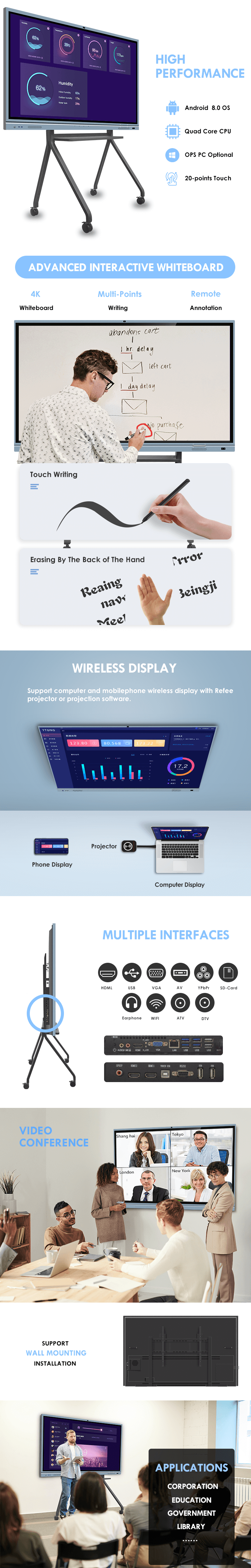 65 75 86 98 Inch school classroom education teaching interactive whiteboard digital smart white board for conference