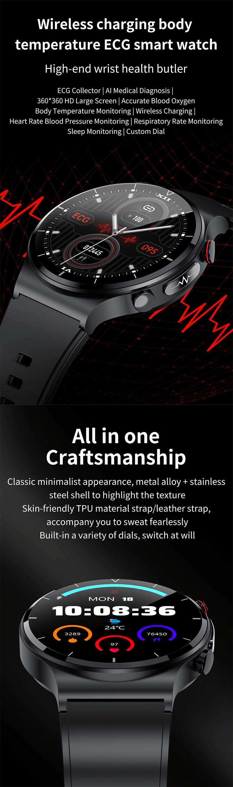 The Best Smart Watch Blood Oxygen Body Temperature Wireless Charging HD Screen Digital Watches 2022