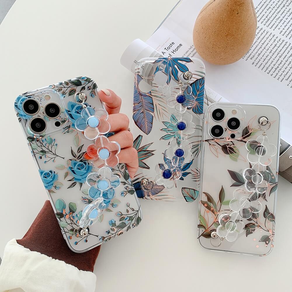 For iPhone 13 14 phone case with flower wrist strap transparent imd electroplated phone case for iPhone 13 pro 13 pro max