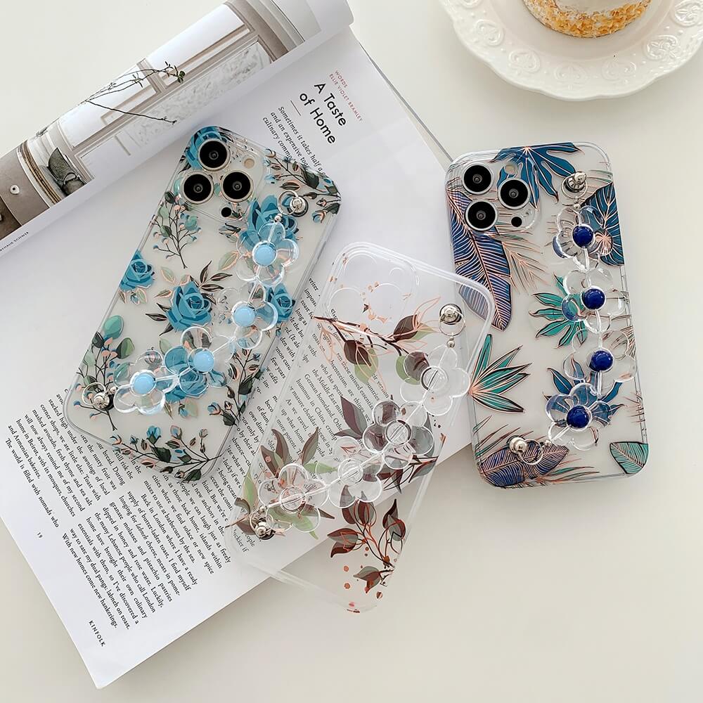 For iPhone 13 14 phone case with flower wrist strap transparent imd electroplated phone case for iPhone 13 pro 13 pro max