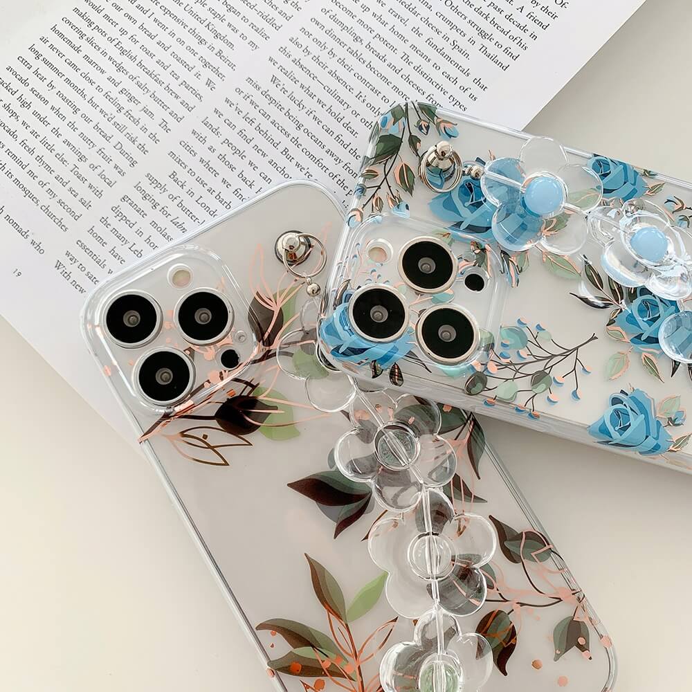 For iPhone 13 14 phone case with flower wrist strap transparent imd electroplated phone case for iPhone 13 pro 13 pro max